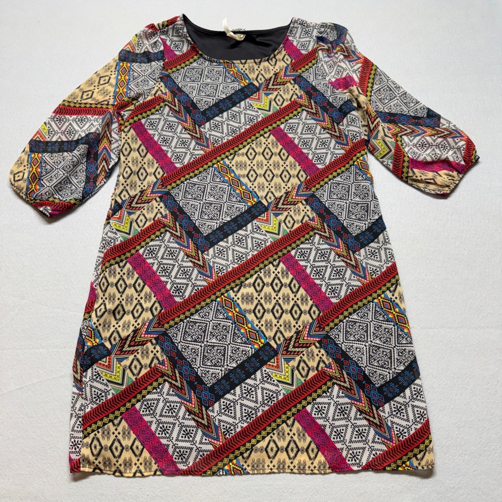 Espresso Womens Geometric Tribal Print 3/4 Sleeve Shift Dress Multicolor Size M